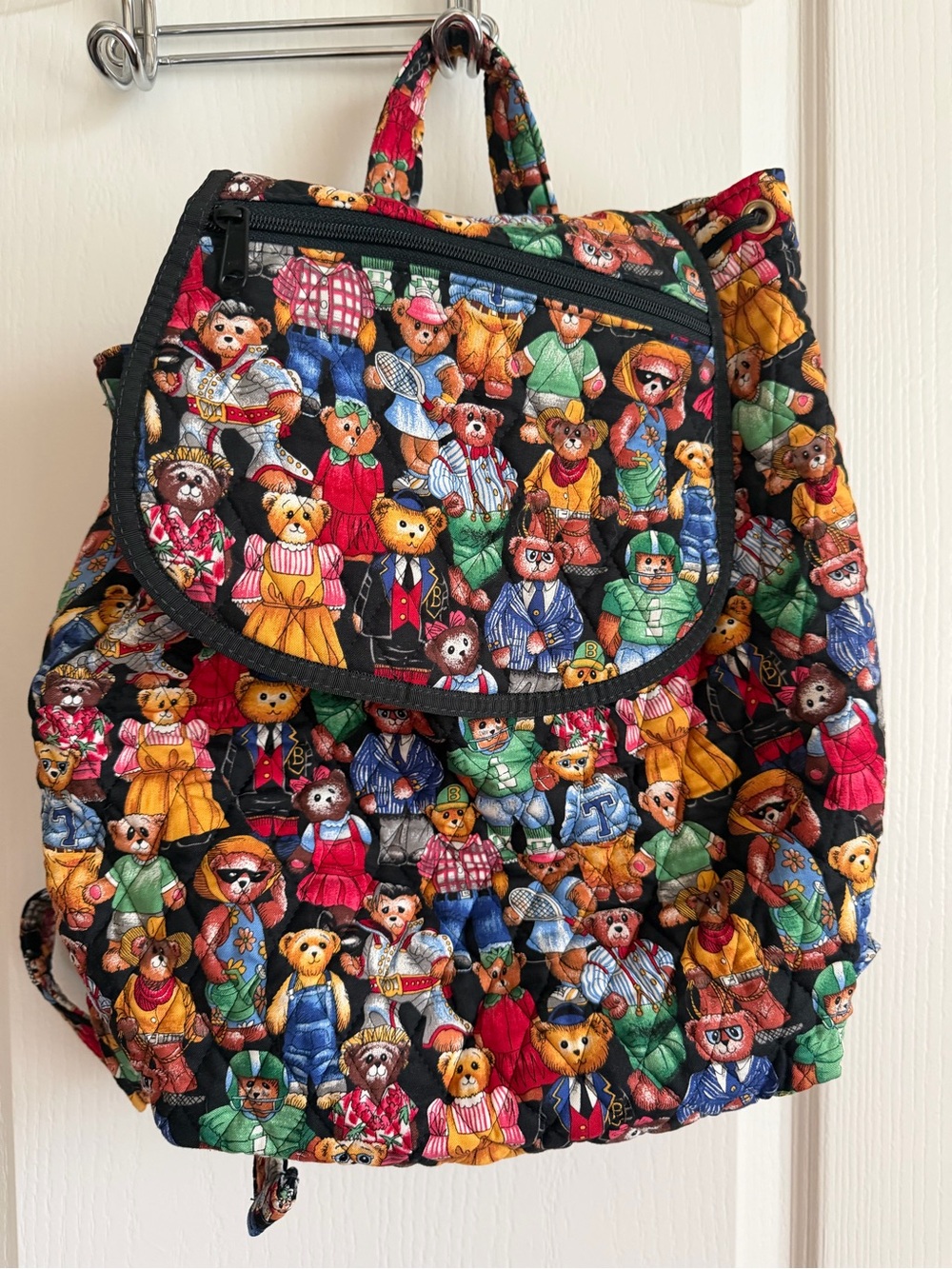 Quilted Teddy Print Backpack - Black Multi